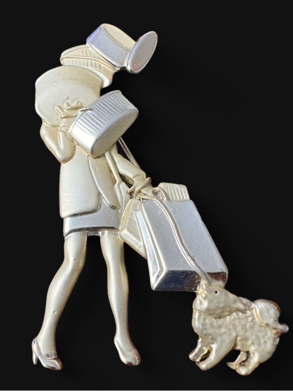 VTG Signed AJC Gold Tone Lady Shopper & Dog Brooch Pin - Picture 4 of 4